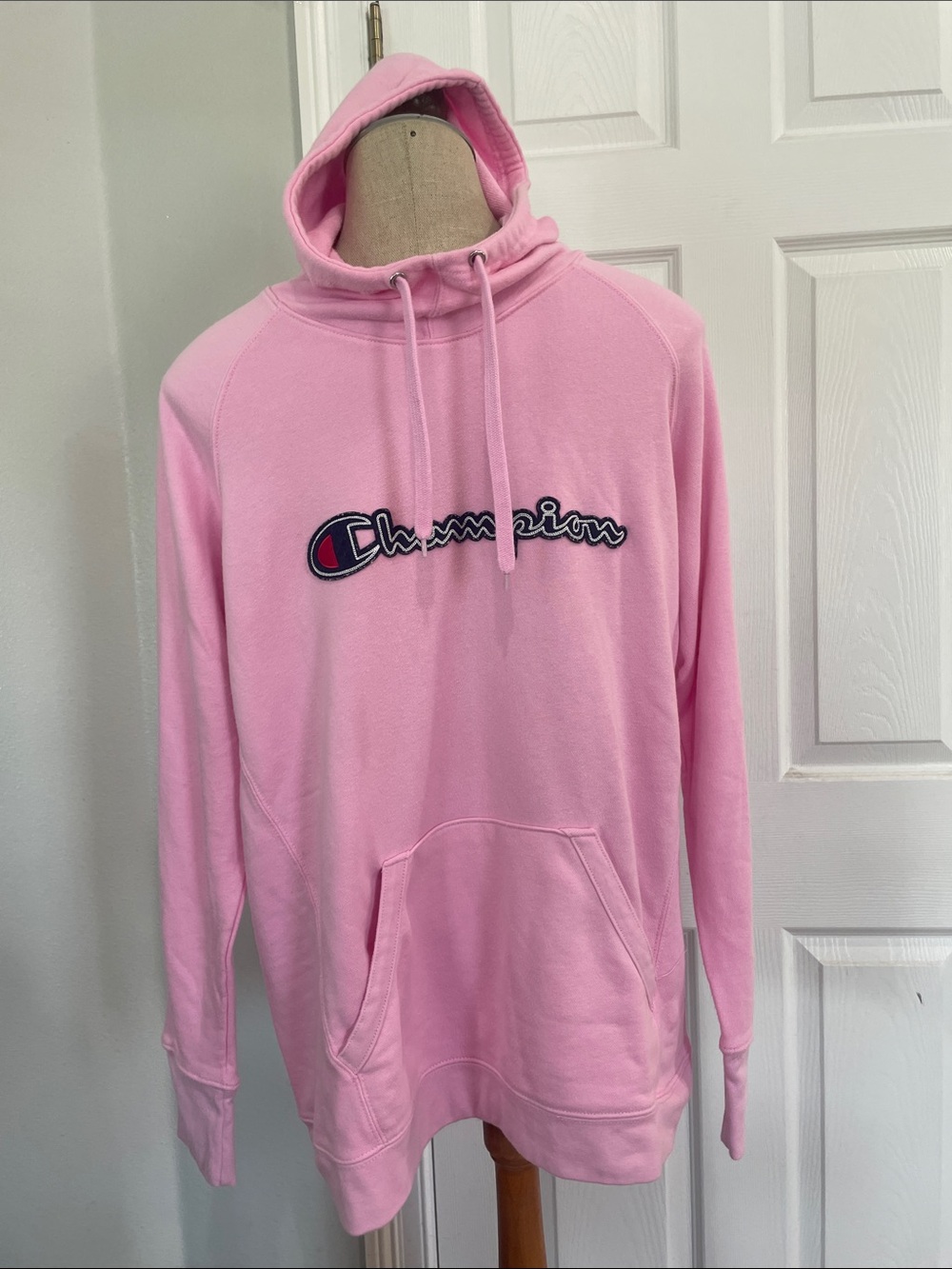 Champion Hoodie Logo kangaroo pockets hood pink sweatshirt cotton womens size XL